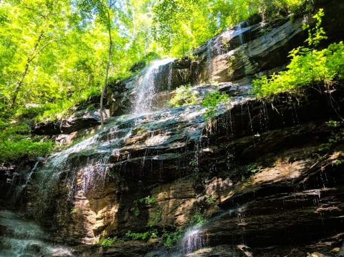 A serene waterfall cascading down rocky cliffs, surrounded by lush green trees and vibrant foliage.