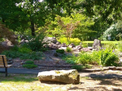 A serene park scene featuring lush greenery, rocks, and a bench under dappled sunlight.