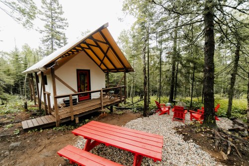A cozy cabin in the woods with a red picnic table and chairs, surrounded by tall trees and gravel.