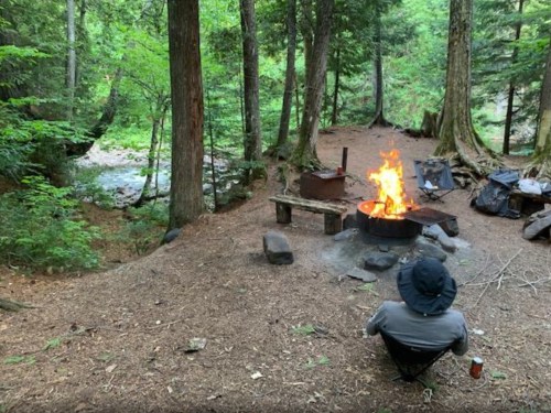 A person sits by a campfire in a forest clearing, surrounded by trees and a small stream nearby.