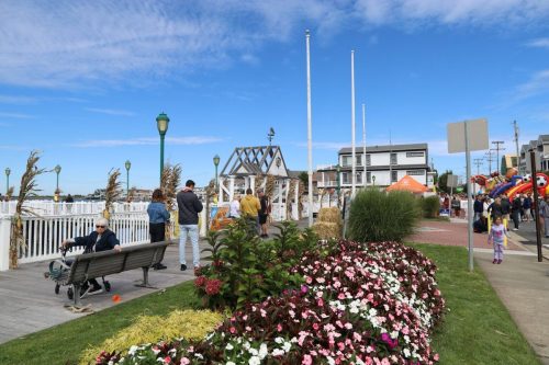 A waterfront scene with people walking, colorful flowers, and a gazebo under a blue sky with scattered clouds.