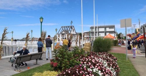 A waterfront scene with people walking, colorful flowers, and a festive atmosphere under a clear blue sky.