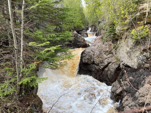 A rushing river flows through rocky terrain, surrounded by lush green trees and a cascade of brown water.
