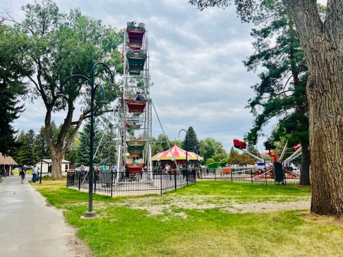 A ferris wheel and carnival rides in a park, surrounded by trees and cloudy skies. People stroll along a path nearby.