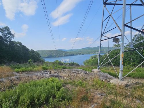 A scenic view of a lake surrounded by mountains, with power lines and greenery in the foreground.