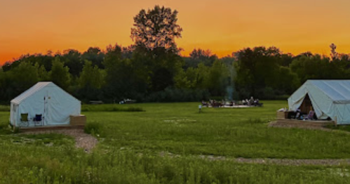 Two white tents in a grassy field at sunset, with a campfire and people gathered in the background.