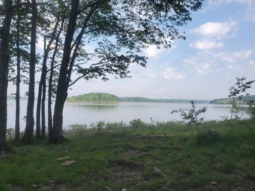 A serene lake view surrounded by trees, with gentle hills in the background under a partly cloudy sky.