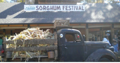 A vintage truck loaded with sorghum stalks in front of a building with a "Sorghum Festival" sign.