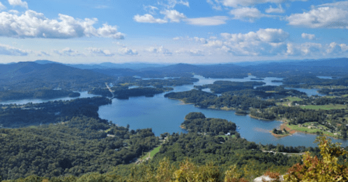 A panoramic view of a serene lake surrounded by mountains and lush greenery under a partly cloudy sky.