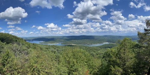 A panoramic view of a lush green landscape with a winding river and fluffy clouds in a blue sky.