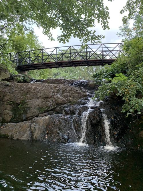 A small waterfall cascades over rocks beneath a wooden bridge, surrounded by lush greenery.