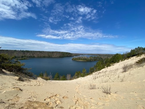 A serene landscape featuring a sandy slope leading to a calm lake surrounded by lush greenery and a blue sky.