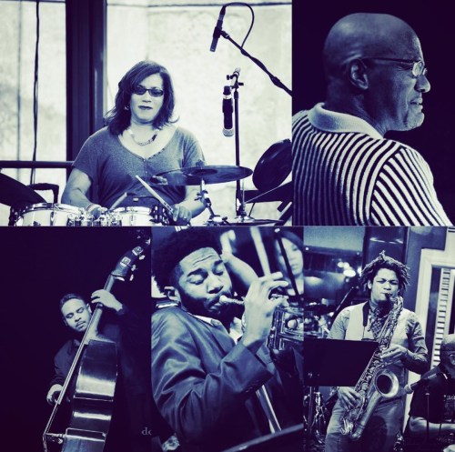 A collage of musicians performing: a drummer, a bassist, a trumpeter, and a saxophonist, all in a jazz setting.