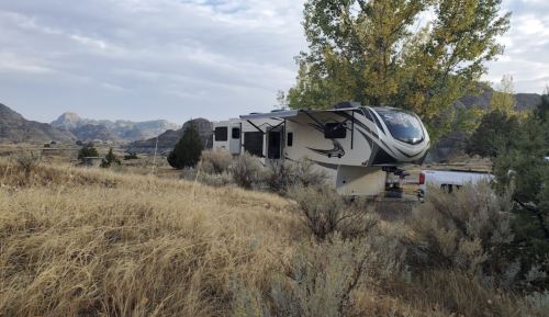 A large RV parked in a grassy area surrounded by shrubs and trees, with mountains in the background under a cloudy sky.