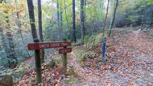 A wooden sign for Smith Creek Trail points left, surrounded by autumn foliage and a winding path in a forest.