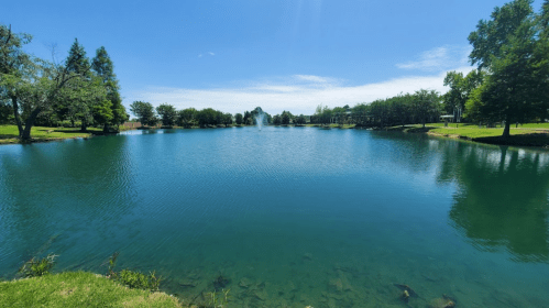 A serene lake surrounded by greenery, featuring a fountain and clear blue skies.