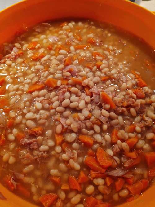 A close-up of a bowl filled with a hearty bean and carrot stew, featuring a mix of white beans and diced carrots.