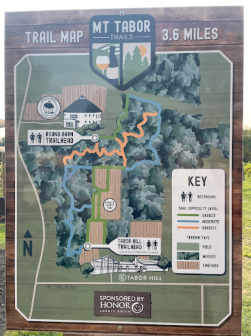 Trail map of Mt. Tabor with routes, trailhead locations, and difficulty levels, covering 3.6 miles.