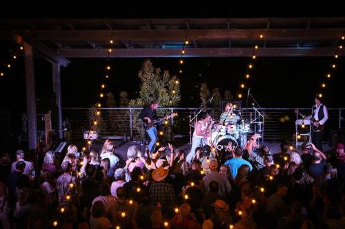 A lively outdoor concert scene with a band performing on stage, surrounded by an enthusiastic crowd and string lights.