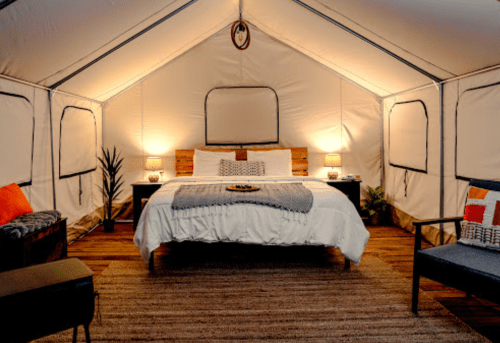 Cozy tent interior with a bed, bedside lamps, and decorative plants, creating a warm and inviting atmosphere.
