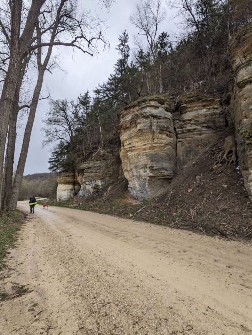 A dirt road lined with tall rock formations and trees, with a person walking in the distance.