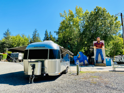 A silver Airstream trailer parked in a campground with a large statue of a man and trees in the background.