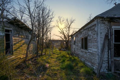 Abandoned buildings flanking a overgrown path, with a sunset casting a warm glow through bare trees.