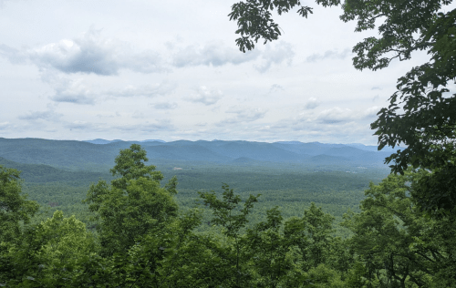 A scenic view of rolling green mountains under a cloudy sky, framed by lush trees in the foreground.