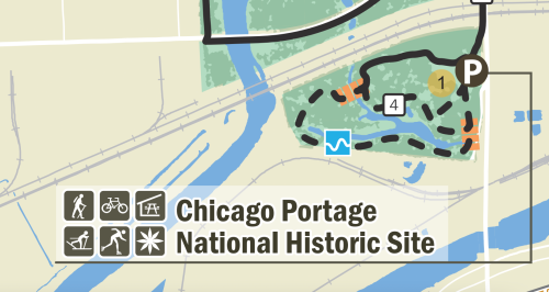 Map of Chicago Portage National Historic Site, highlighting trails and parking areas with icons for activities.