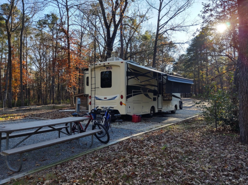An RV parked in a wooded area with a picnic table and bicycles nearby, surrounded by autumn leaves.