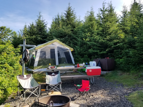 A campsite with a tent, picnic table, chairs, and a fire pit, surrounded by lush greenery and trees.