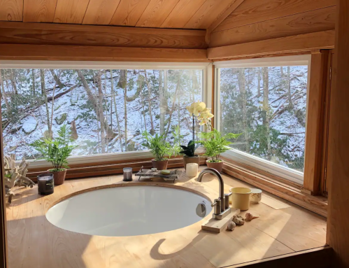 A cozy bathroom with a round tub, surrounded by plants and large windows overlooking a snowy landscape.