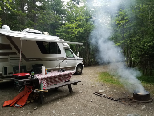 A camper van parked in a wooded area with a picnic table and smoke rising from a fire pit nearby.