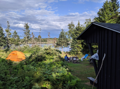 A campsite with an orange tent, a fire pit, and a person sitting by the water, surrounded by trees and greenery.
