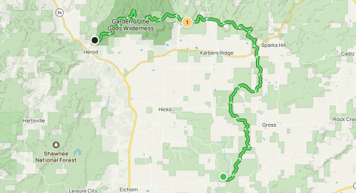 Map showing a green trail route through the Garden of the Gods Wilderness, with key locations marked.