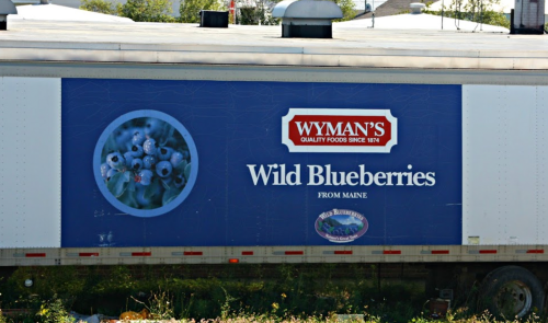 A truck with a blue advertisement for Wyman's Wild Blueberries from Maine, featuring a close-up of blueberries.
