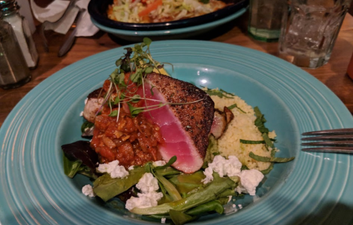 A plate of seared tuna on a bed of greens and couscous, topped with a savory sauce and garnished with microgreens.