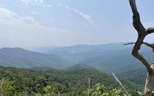 A panoramic view of rolling green mountains under a clear blue sky, with a few clouds in the distance.