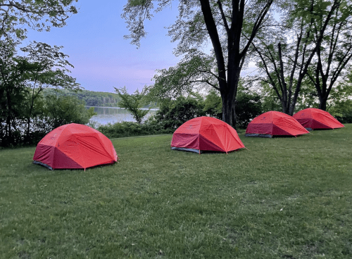Four red tents set up on green grass near a calm lake, surrounded by trees at dusk.