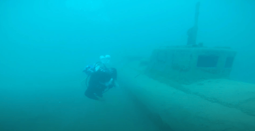 A diver explores a submerged shipwreck in clear blue water, surrounded by marine life.