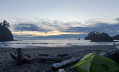 A serene beach at sunset with a green tent, driftwood, and rocky formations in the distance under a cloudy sky.