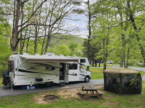 An RV parked in a green campsite surrounded by trees, with a picnic table and a screened tent nearby.