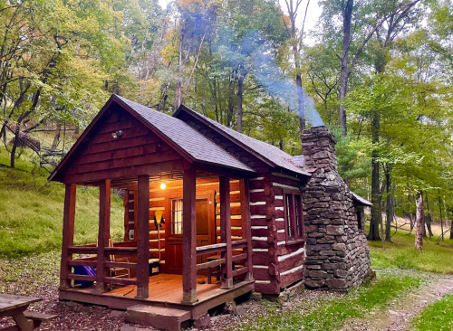 A cozy log cabin in a forest, with smoke rising from the stone chimney and surrounded by lush greenery.