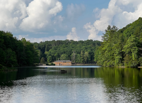 A serene lake surrounded by lush greenery and trees, with a wooden building in the distance under a partly cloudy sky.