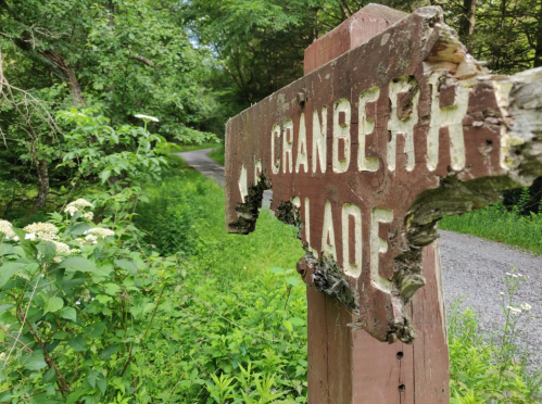 Weathered wooden sign for "Cranberry Glade" with a lush green path and foliage in the background.