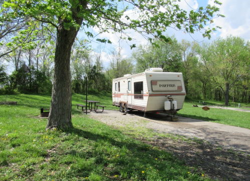 A parked RV in a grassy area surrounded by trees, with a picnic table nearby under a blue sky.