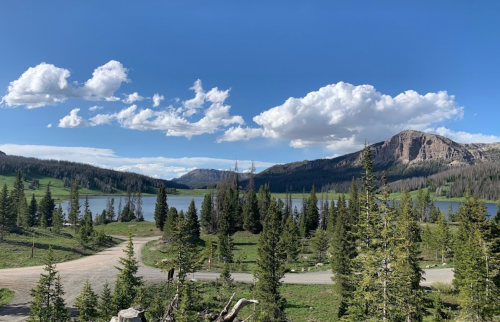 A scenic view of a lake surrounded by green trees and mountains under a blue sky with fluffy clouds.