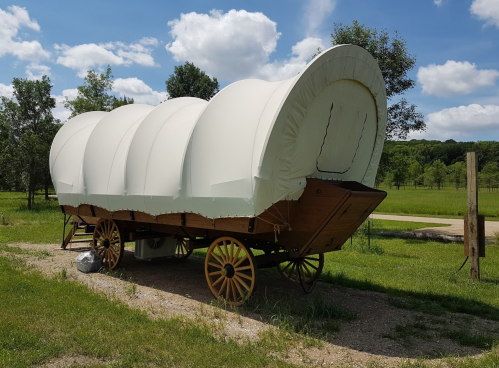 A covered wagon with a white canvas top, resting on a gravel path surrounded by green grass and trees under a blue sky.