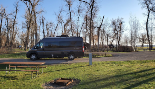 A black RV parked in a grassy area surrounded by trees, with picnic tables and a fire pit nearby.