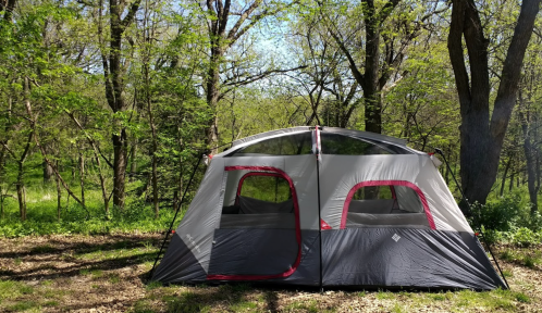 A spacious tent set up in a lush green forest, surrounded by trees and dappled sunlight.